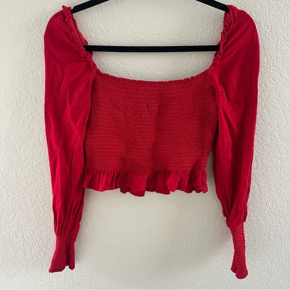 REFORMATION Francis Red Smocked Long Sleeve Square Neck Top - Picture 2 of 11